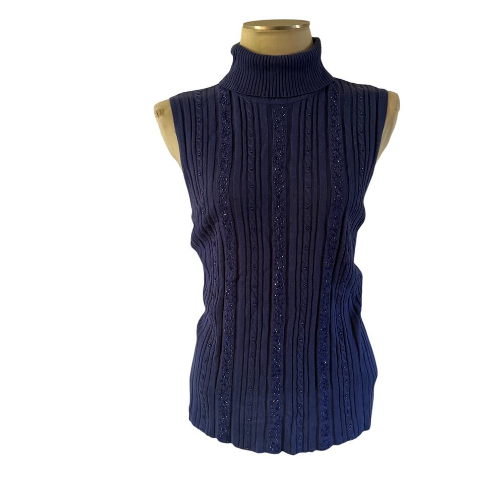 VTG Y2K 2000s Blue Beaded Cable Knit Sleeveless Sweater Plus Size 2X